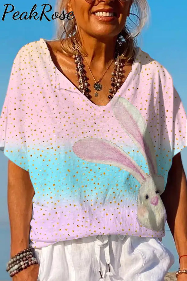 Glitter Pink Blue Easter Day Bunny Dolman Sleeves Tee