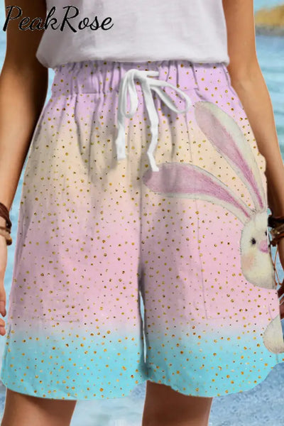 Glitter Pink Blue Easter Day Bunny Drawstring Waist Casual Shorts / S