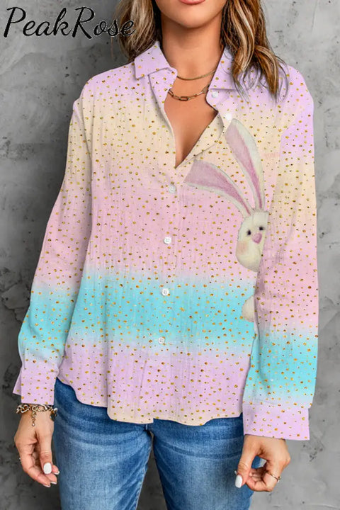 Glitter Pink Blue Easter Day Bunny Long Sleeve Shirt Women