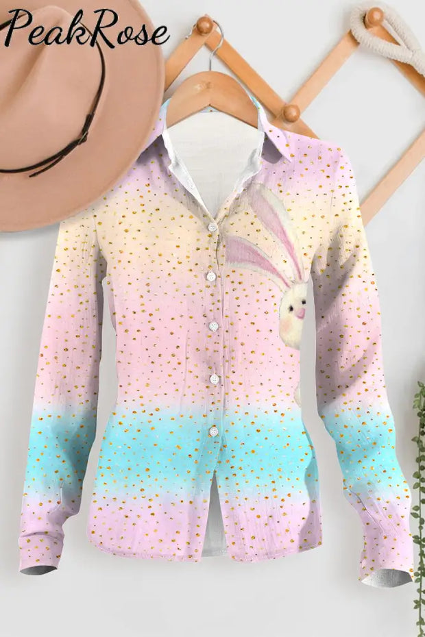 Glitter Pink Blue Easter Day Bunny Long Sleeve Shirt Women