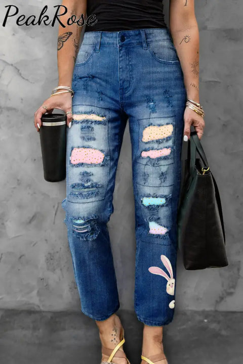 Glitter Pink Blue Easter Day Bunny Ripped Denim Jeans