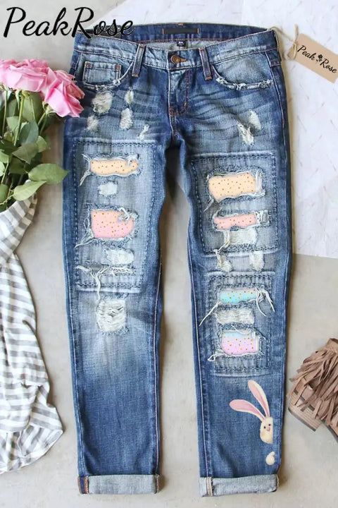 Glitter Pink Blue Easter Day Bunny Ripped Denim Jeans S