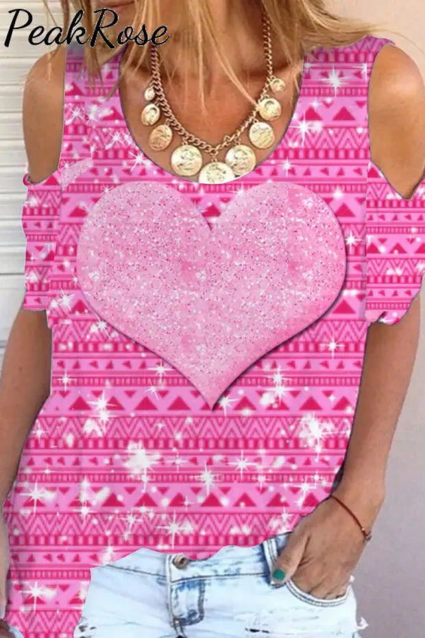 Glitter Pink Heart Sparkles Geometric Print Cold Shoulder T-Shirt T-Shirt