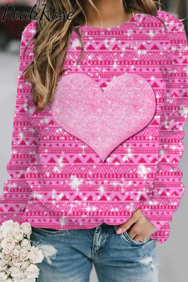 Glitter Pink Heart Sparkles Geometric Print Sweatshirt S /