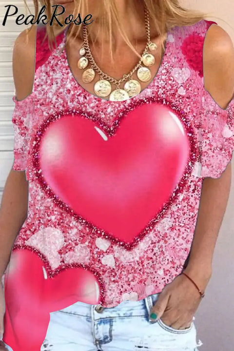 Glitter Pink Heart Sparkles Print Cold Shoulder T-Shirt T-Shirt