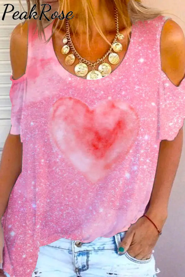 Glitter Pink Heart Sparkles Print Cold Shoulder T-Shirt T-Shirt