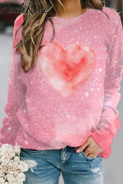 Glitter Pink Heart Sparkles Print Sweatshirt S /