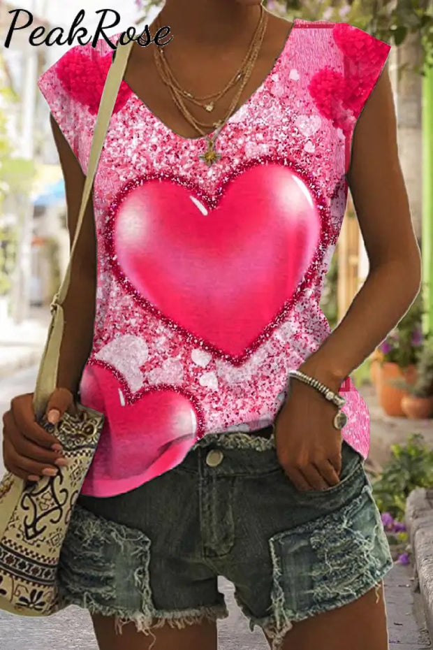 Glitter Pink Heart Sparkles Print Tank Top S / V-Neck