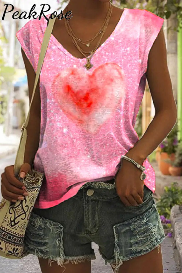 Glitter Pink Heart Sparkles Print Tank Top S / V-Neck