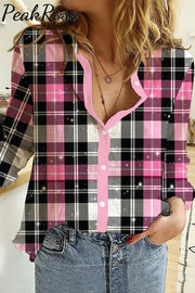 Glitter Plaid Print Long Sleeve Shirt S / Pink Women