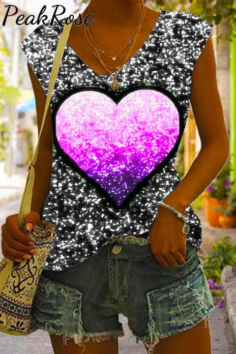 Glitter Purple Heart Print Tank Top S / Photo Color V-Neck