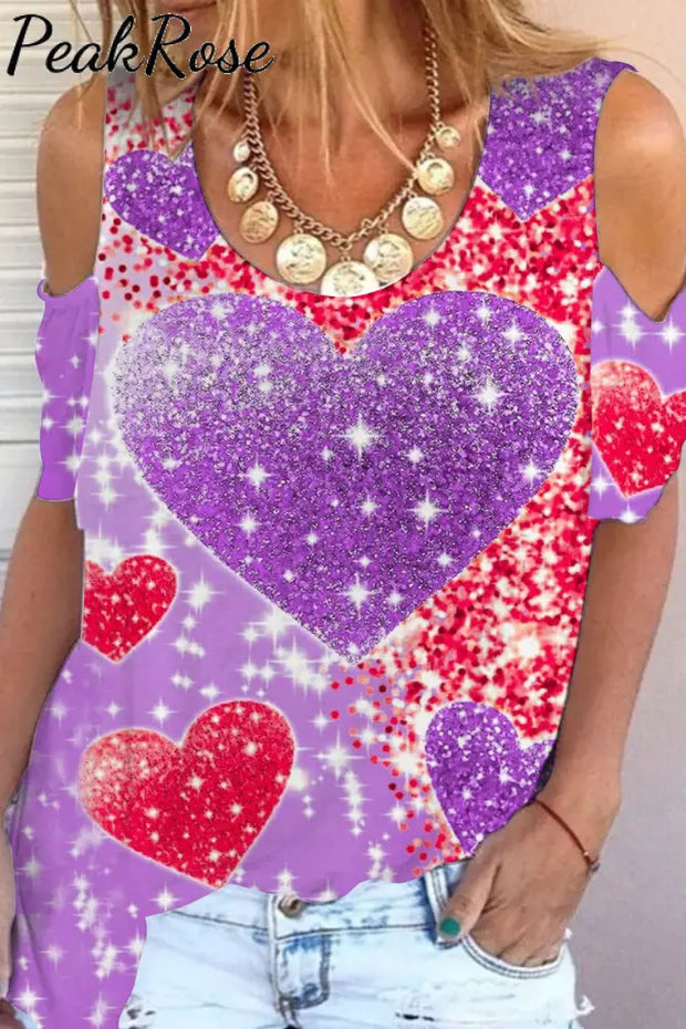 Glitter Purple Heart Sparkles Print Cold Shoulder T-Shirt T-Shirt