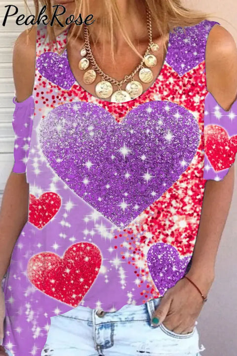 Glitter Purple Heart Sparkles Print Cold Shoulder T-Shirt S / T-Shirt