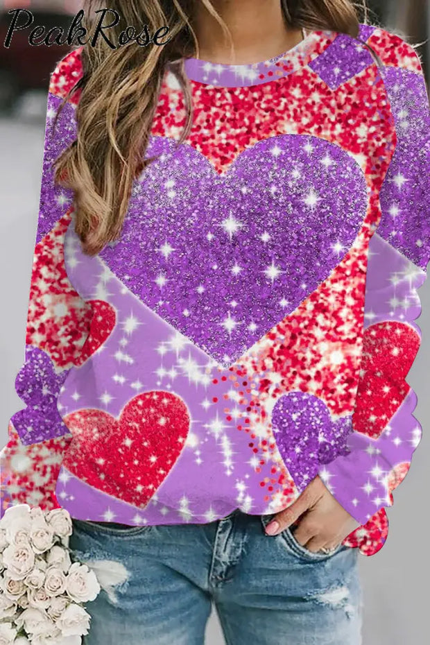 Glitter Purple Heart Sparkles Print Sweatshirt S /