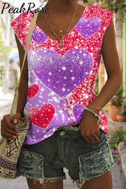 Glitter Purple Heart Sparkles Print Tank Top S / V-Neck