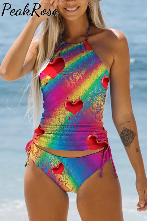 Glitter Rainbow Love Print Bikini Swimsuit S /