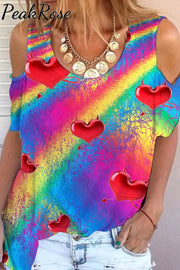 Glitter Rainbow Love Print Cold Shoulder T-Shirt T-Shirt