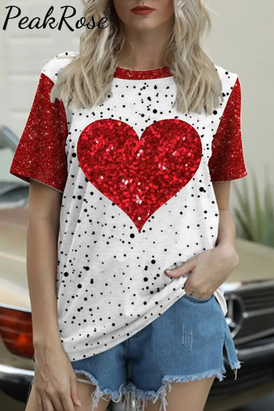 Glitter Red Heart Bleached T-Shirt S / Polka T-Shirt