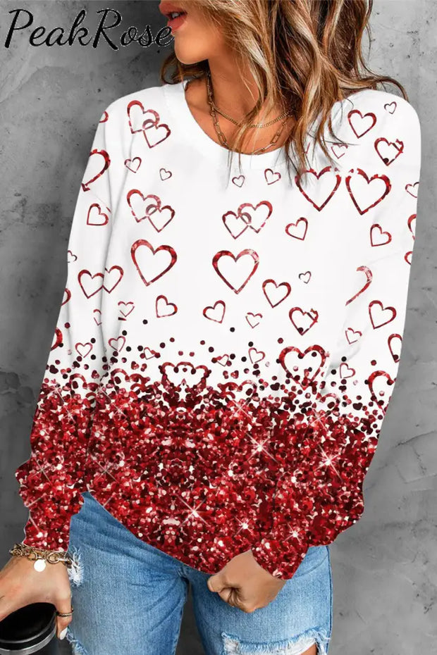 Glitter Red Heart-Shape Round Neck Sweatshirt S / White