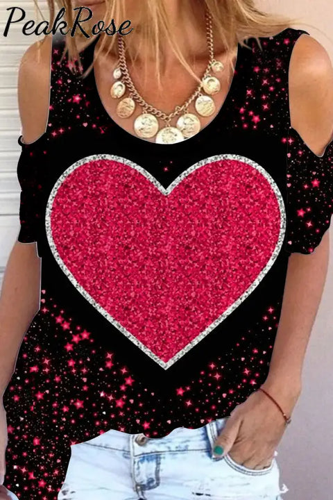 Glitter Red Heart Sparkles Print Cold Shoulder T-Shirt T-Shirt