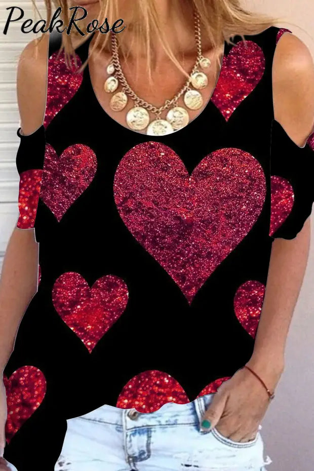 Glitter Red Heart Sparkles Print Cold Shoulder T-Shirt T-Shirt