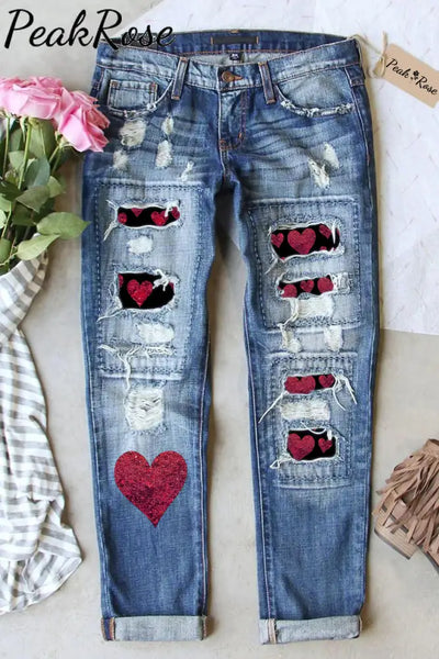 Glitter Red Heart Sparkles Print Denim Jeans