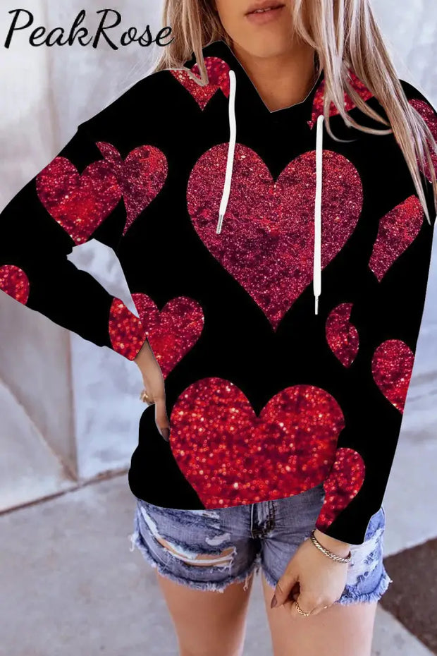 Glitter Red Heart Sparkles Print Hoodie