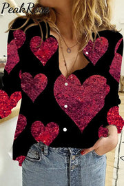 Glitter Red Heart Sparkles Print Long Sleeve Shirt S / Women