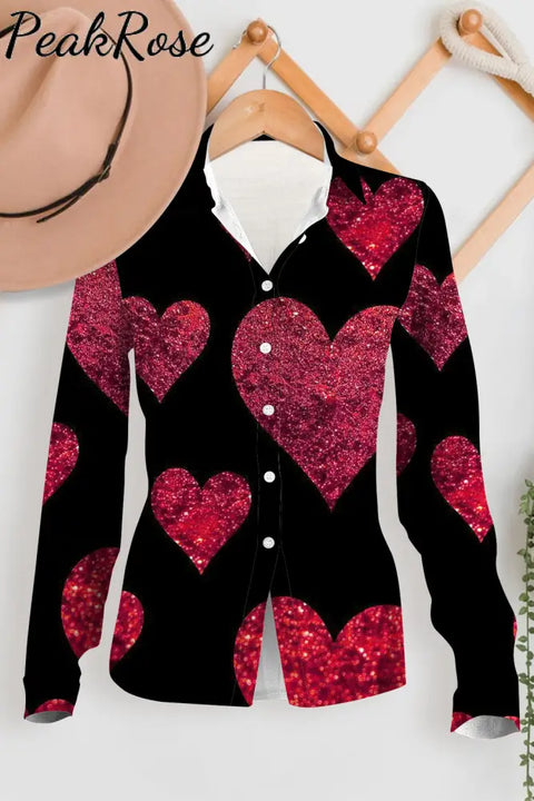 Glitter Red Heart Sparkles Print Long Sleeve Shirt Women