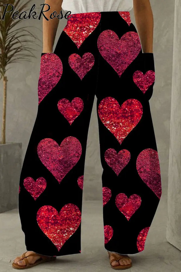 Glitter Red Heart Sparkles Print Loose Pocket Pants