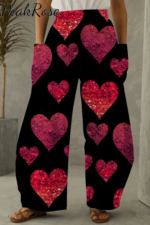 Glitter Red Heart Sparkles Print Loose Pocket Pants S /