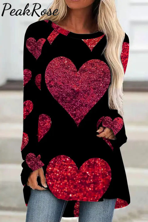 Glitter Red Heart Sparkles Print Loose Tunic