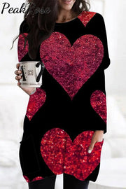 Glitter Red Heart Sparkles Print Loose Tunic With Pockets