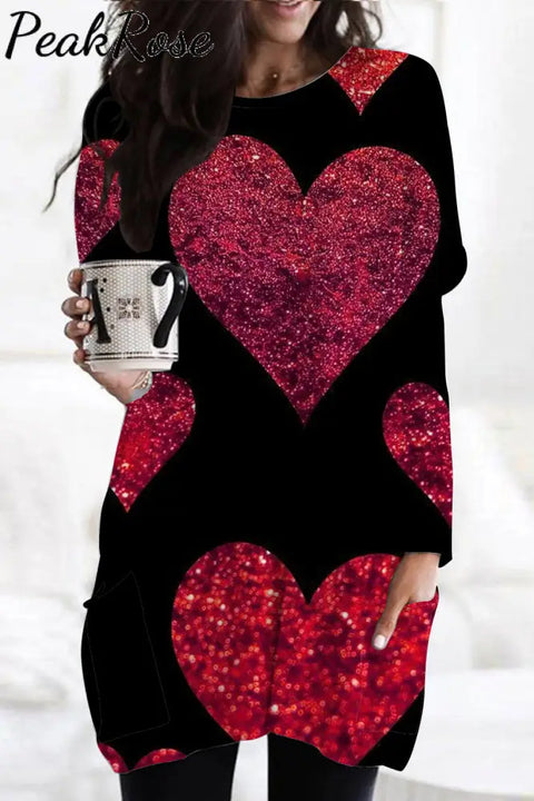 Glitter Red Heart Sparkles Print Loose Tunic With Pockets S /