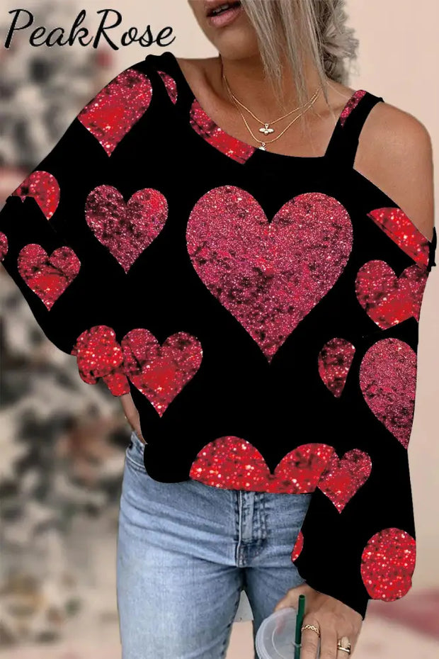 Glitter Red Heart Sparkles Print Off-Shoulder Blouse