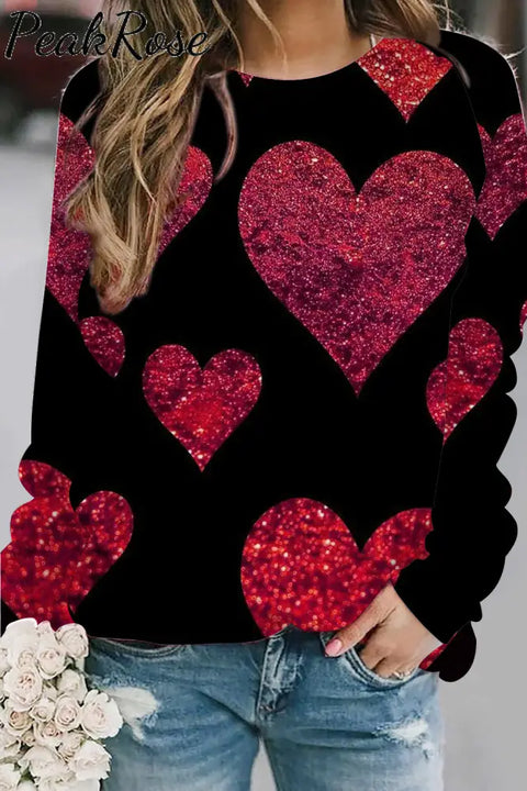 Glitter Red Heart Sparkles Print Sweatshirt S /