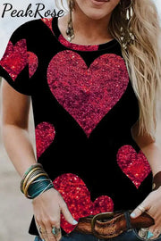 Glitter Red Heart Sparkles Print T-Shirt