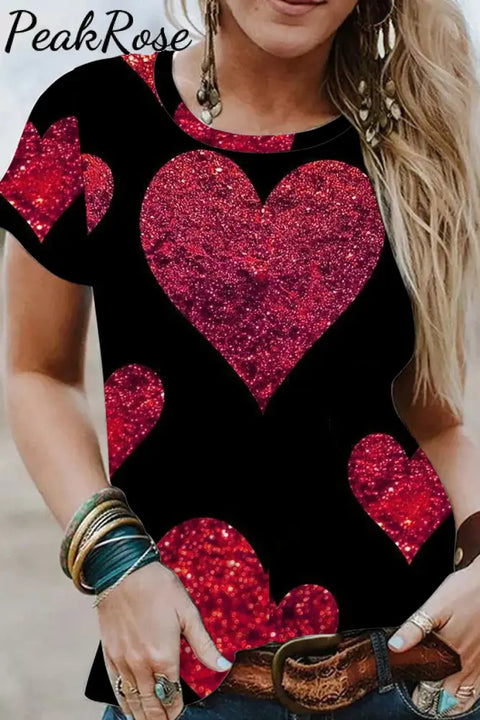 Glitter Red Heart Sparkles Print T-Shirt