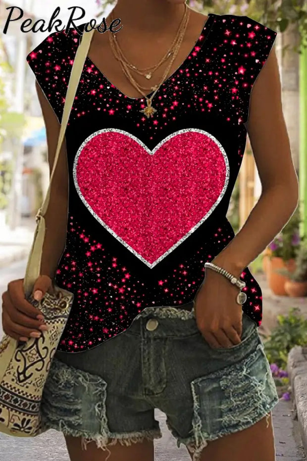 Glitter Red Heart Sparkles Print Tank Top S / V-Neck