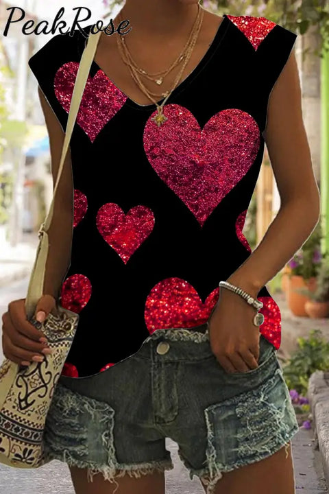 Glitter Red Heart Sparkles Print Tank Top V-Neck