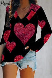 Glitter Red Heart Sparkles Print V-Neck Long Sleeve Tee