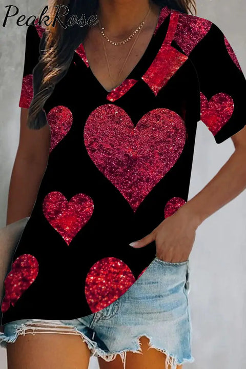 Glitter Red Heart Sparkles Print V-Neck T-Shirt