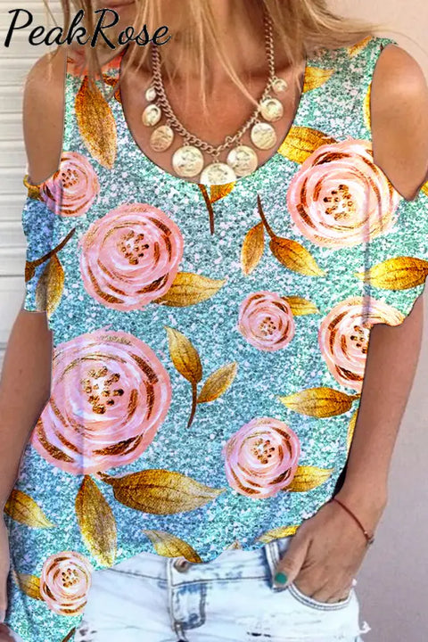 Glitter Roses Floral Print Cold Shoulder T-Shirt T-Shirt