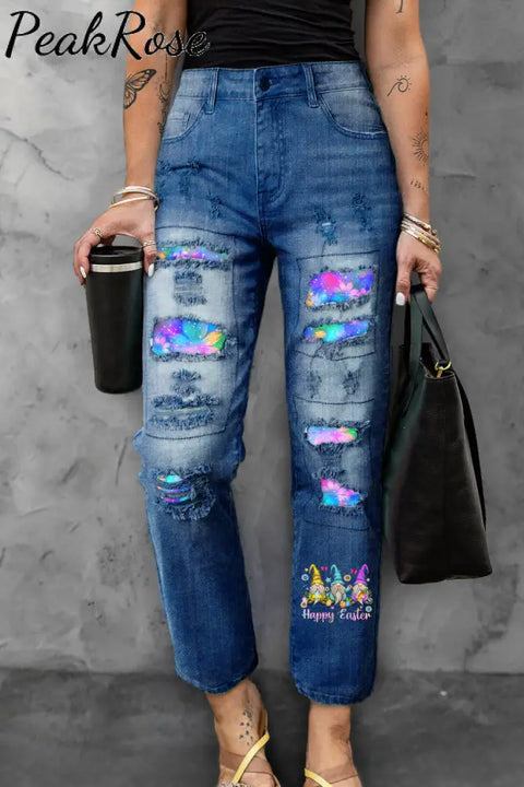 Glitter Sparkle Flowers Galaxy Sky Happy Easter Gnomes With Bunny Ears Printed Denim Jeans