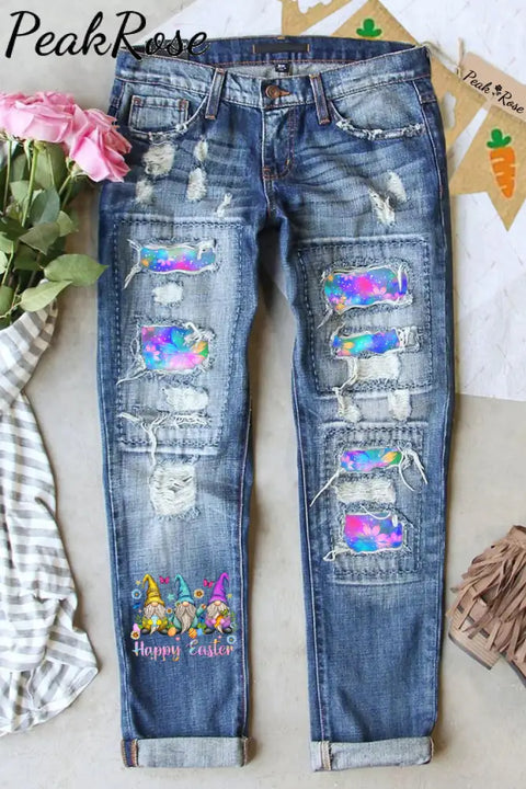 Glitter Sparkle Flowers Galaxy Sky Happy Easter Gnomes With Bunny Ears Printed Denim Jeans S