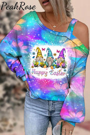 Glitter Sparkle Flowers Galaxy Sky Happy Easter Gnomes With Bunny Ears Printed Off Shoulder Blouse