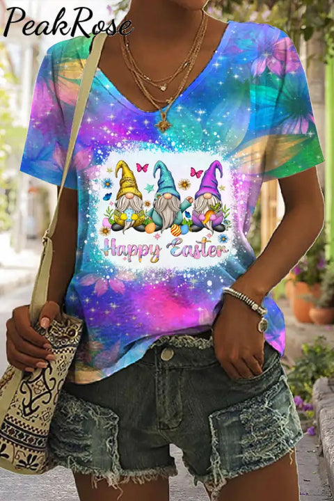 Glitter Sparkle Flowers Galaxy Sky Happy Easter Gnomes With Bunny Ears Printed Tank S / Photo Color