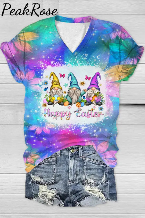 Glitter Sparkle Flowers Galaxy Sky Happy Easter Gnomes With Bunny Ears Printed Tank V-Neck Top