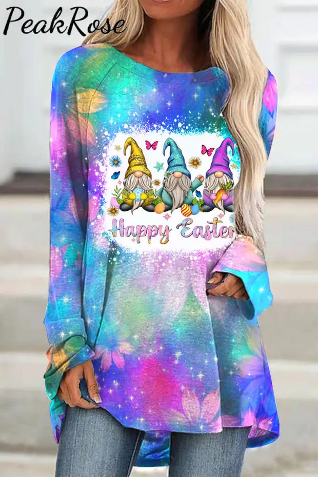 Glitter Sparkle Flowers Galaxy Sky Happy Easter Gnomes With Bunny Ears Printed Tunic