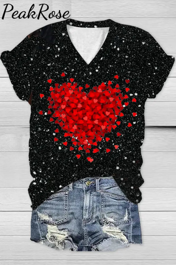 Glitter Splatter Heart-Shaped V-Neck T-Shirt T-Shirt